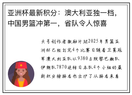 亚洲杯最新积分：澳大利亚独一档，中国男篮冲第一，省队令人惊喜