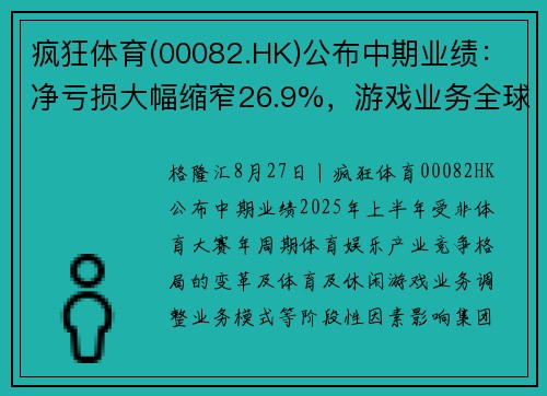 疯狂体育(00082.HK)公布中期业绩：净亏损大幅缩窄26.9%，游戏业务全球化战略取得实质性突破